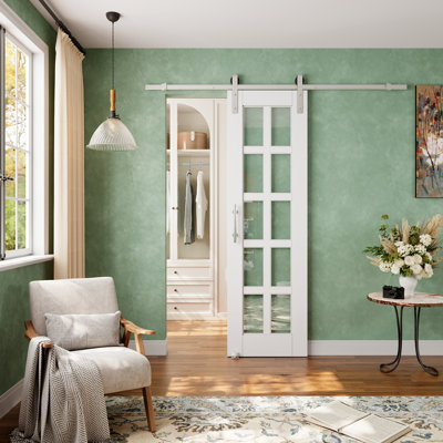 Modern White Primed And 10-Lite Clear Glass Sliding Barn Door With Nickel Plated Installation Hardware Kit/No Assembly Required