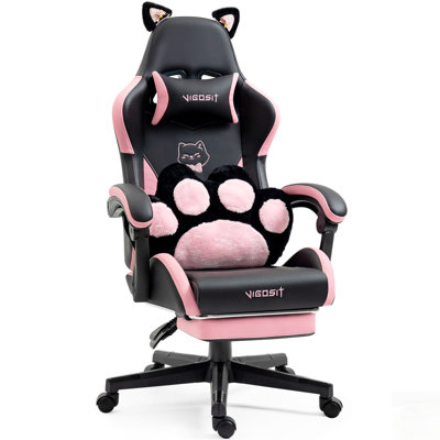 Cute Cat Gaming Chair with Paw Lumbar Cushion, PC Video Gamer Chair for Girl Teen Woman (Black), Comfort and Style