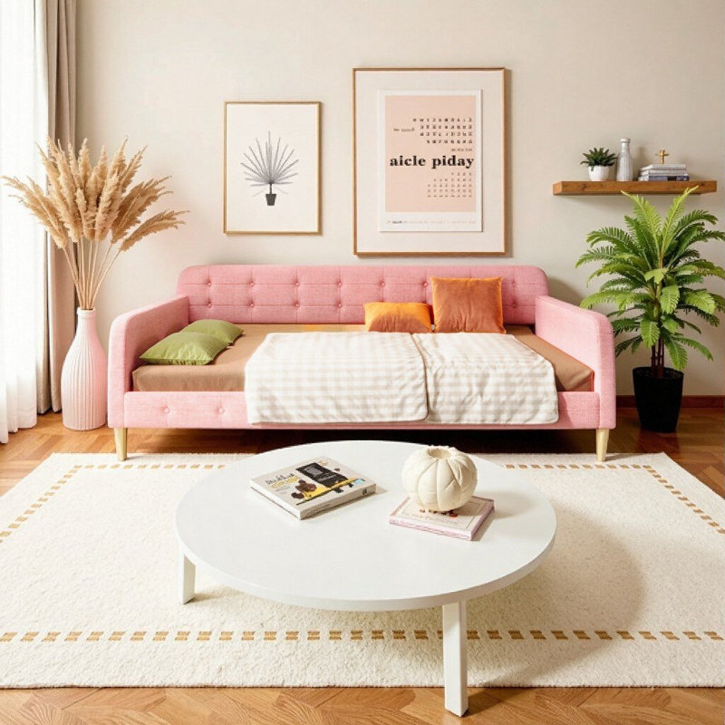 Queen Size Pink Linen Upholstered Daybed with Support Legs - Convertible Sofa & Sleeper, No Box Spring Needed, Pink