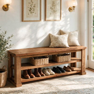 Banc de 63 po en bois massif pour hall d'entrée avec 2 tablettes de rangement, banc de rangement pour le couloir, chambre à coucher
