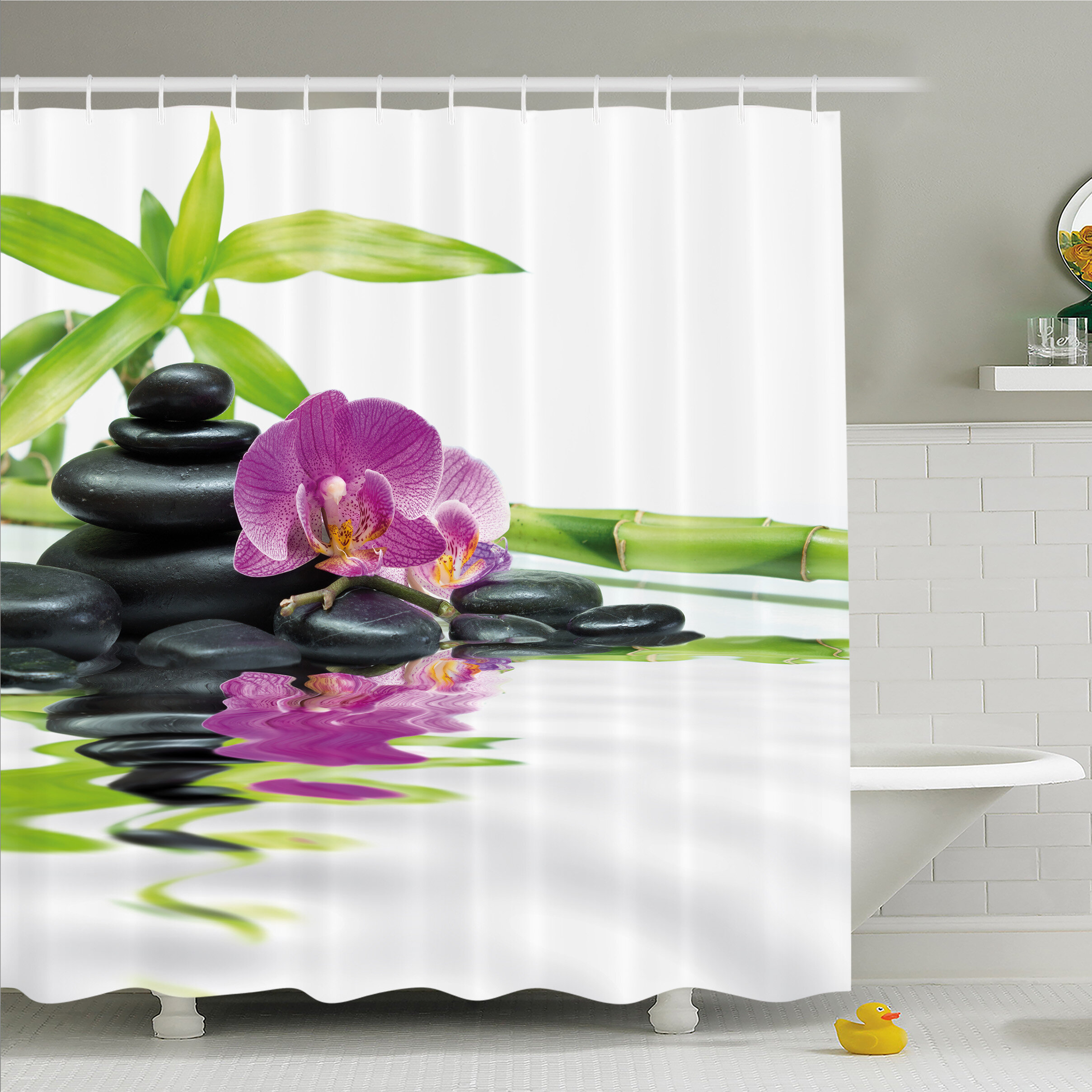 Ambesonne Spa Asian Relaxation with Zen Massage Stones Orchid and Bamboo Shower Curtain Set Size 84 inch x 69 inch Black