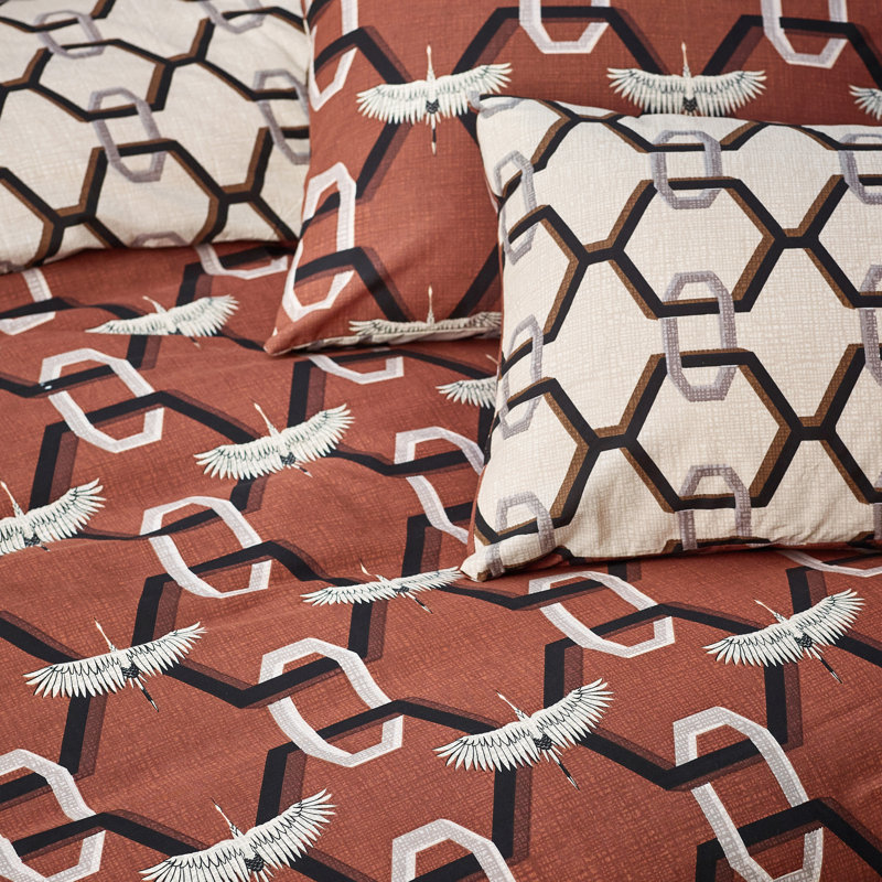 Cotton Blend Geometric Shapes Duvet Cover Set with Pillowcases, 137cm W x 200cm L, Brick