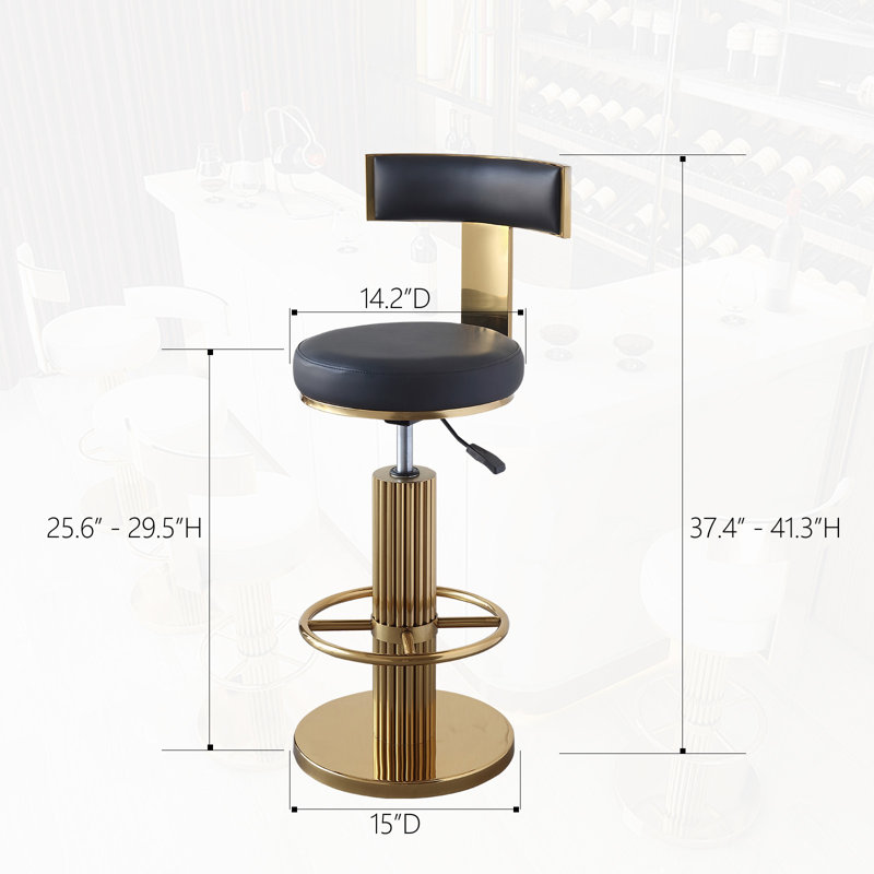 Cravets Stainless Steel Bar Stools with Back Modern Adjustable Barstools Swivel Bar Chairs（1PCS）, Black Leather / Gold Base