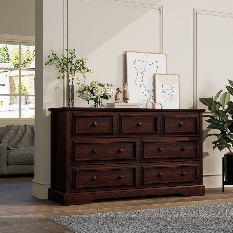 Farmhouse 7 Drawer Dresser For Bedroom, 54" Wide, Cherry