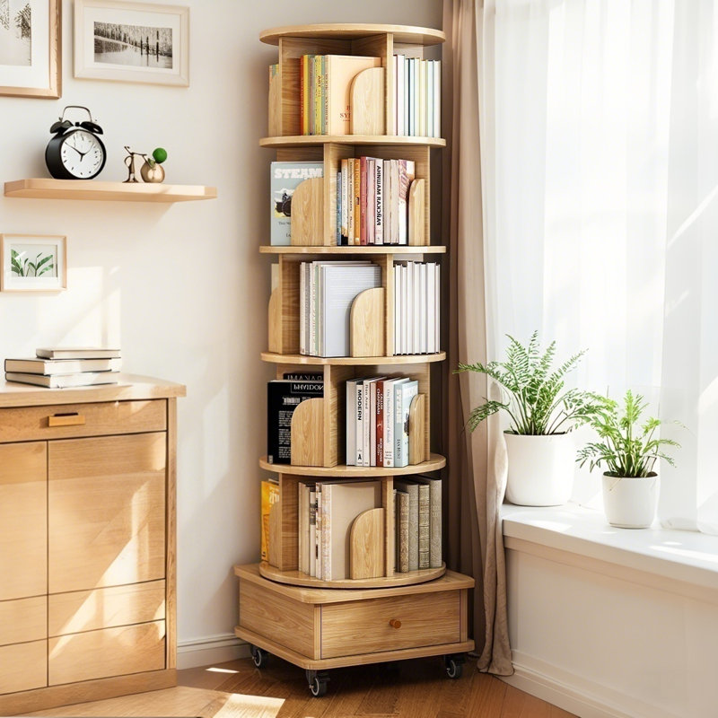 6 Tier Rotating Bookshelf, 360° Display Round Spinning Bookshelf With Wheels, Brown