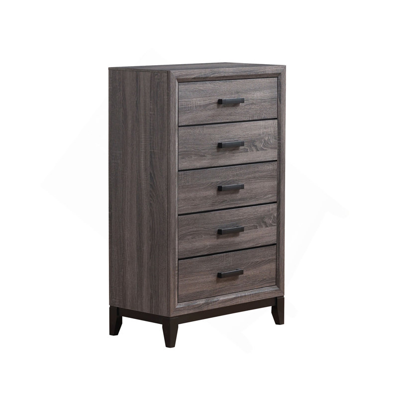 Commode verticale à 5 tiroirs avec poignées en bois patiné et matte