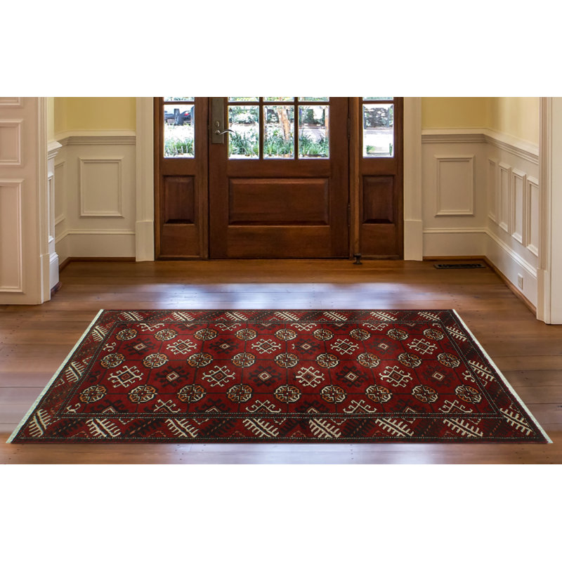 Tapis rouge noué à la main de conception unique 3 pi 11 po x 7 pi 1 po Jamse