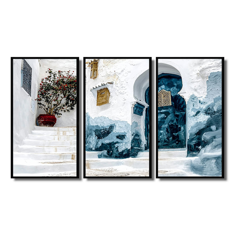 «Blue Chefchaouen Blue City In Morocco II», ensemble de reproductions d'art mural, Toile avec cadre flottant noir