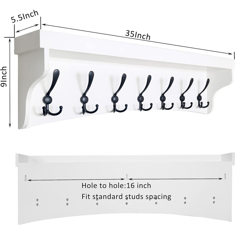 Coat Rack Wall Mount With Shelf,35’’ Long White Shelf With Hooks Underneath,Wall Mounted Coat Rack With Shelf,Key Rack For Wall,7 Triple Hooks For Hanging Coats,Bathroom,Entryway
