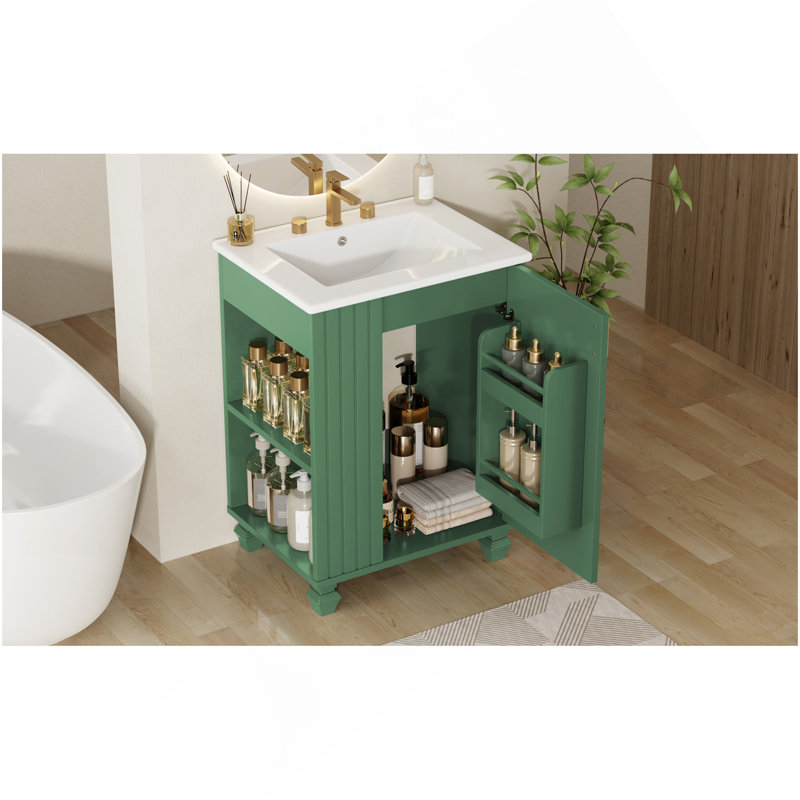 Meuble-lavabo 24 po avec lavabo, armoire de salle de bain avec tablette de porte, rangement latéral ouvert, cadre en bois, porte à fermeture douce, vert