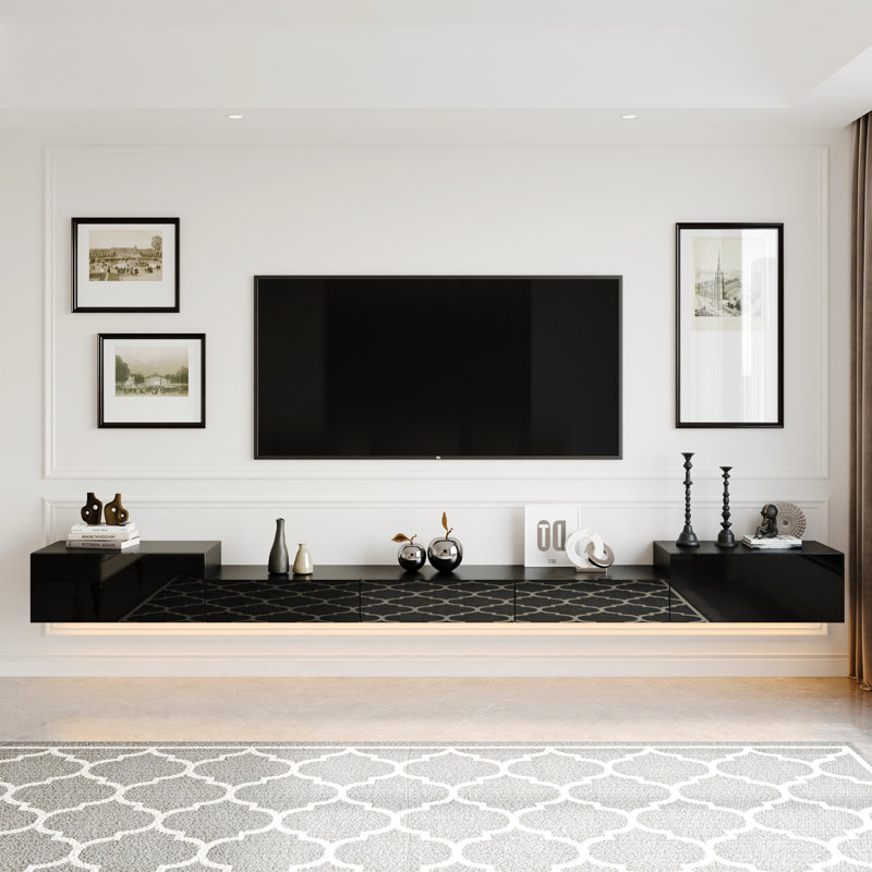 Wall-Mounted TV Console With Gloss Black Finish & 3-Color LED Lighting