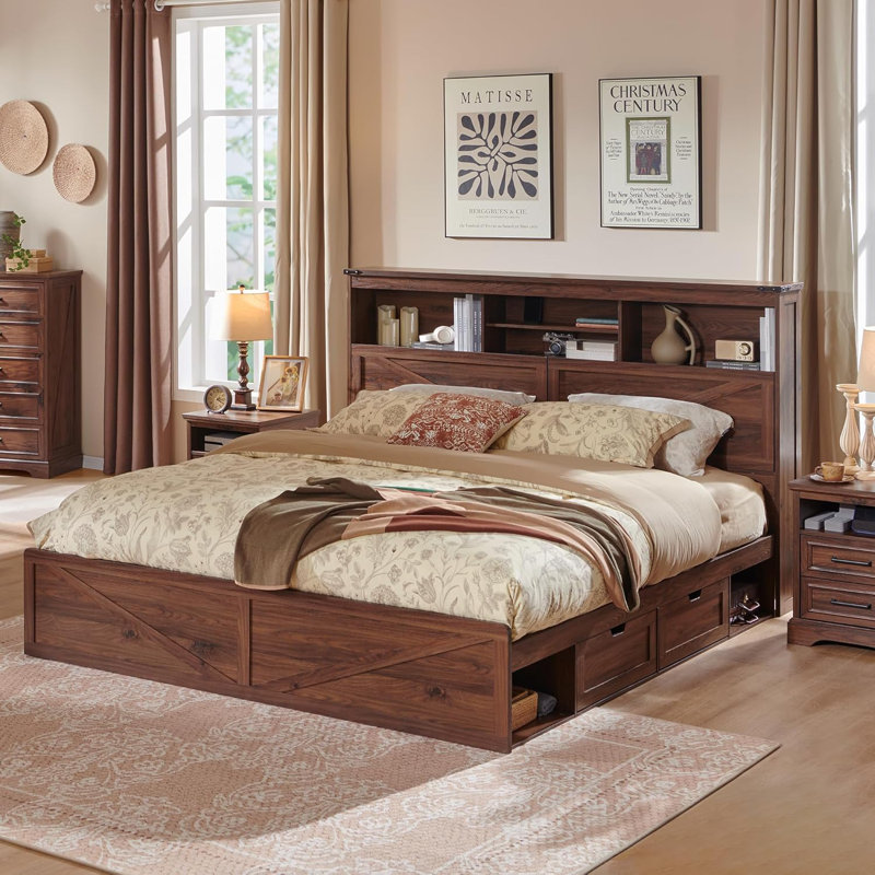 Etsuyo Farmhouse King Bed Frame with Headboard and Power Outlets,  Wood Platform Bed with Storage, 4 Drawers ,Led Light, No Box Spring Needed
