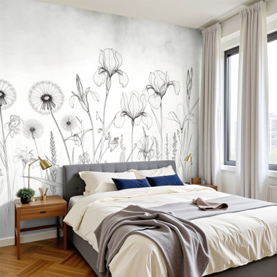 Papier peint adhésif rétro à motif de fleurs sauvages rétro botanique rétro blanc et texturé gris H 100 po x l 144 po Papier mural amovible en PVC autocollant pour chambre à coucher