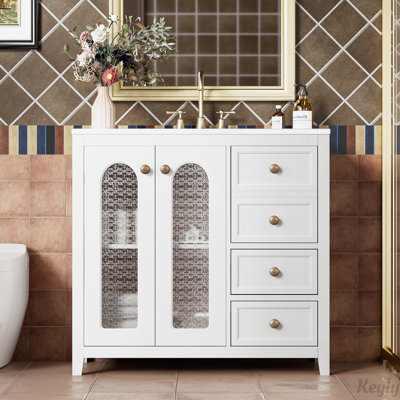 Meuble-lavabo de 36 pouces avec deux portes à fermeture douce, des tablettes réglables et trois tiroirs