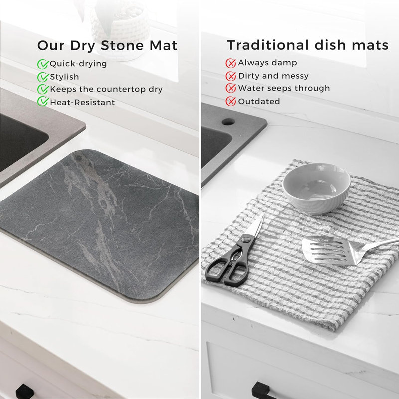 Dish Drying Mat Super Absorbent Hide Stain Dish Drying Pad with Non-slip Rubber Backed, Gray, 1" H x 15.8" W x 23.6" D