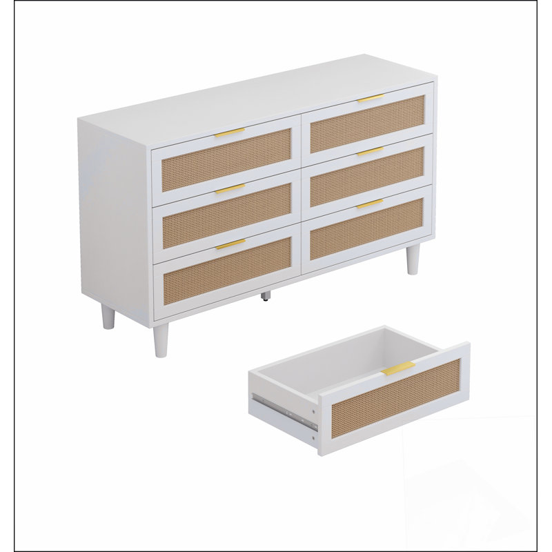 Armoire de rangement spacieuse en rotin à 6 tiroirs au design naturel, parfaite pour l'organisation de la chambre à coucher et du salon.