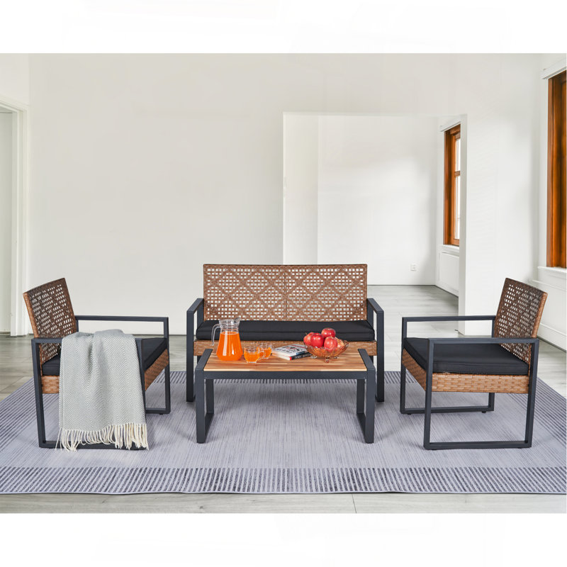 Ensemble de meubles de patio 4 pièces avec balcon et véranda, Marron clair, Coussin noir / brun clair / structure noire