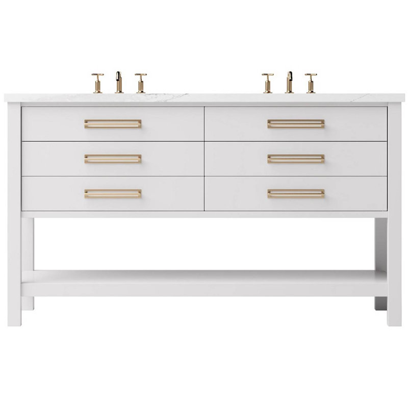 Meuble-lavabo double tiroir Kiawah, Blanc résistant, Or satiné, 60"