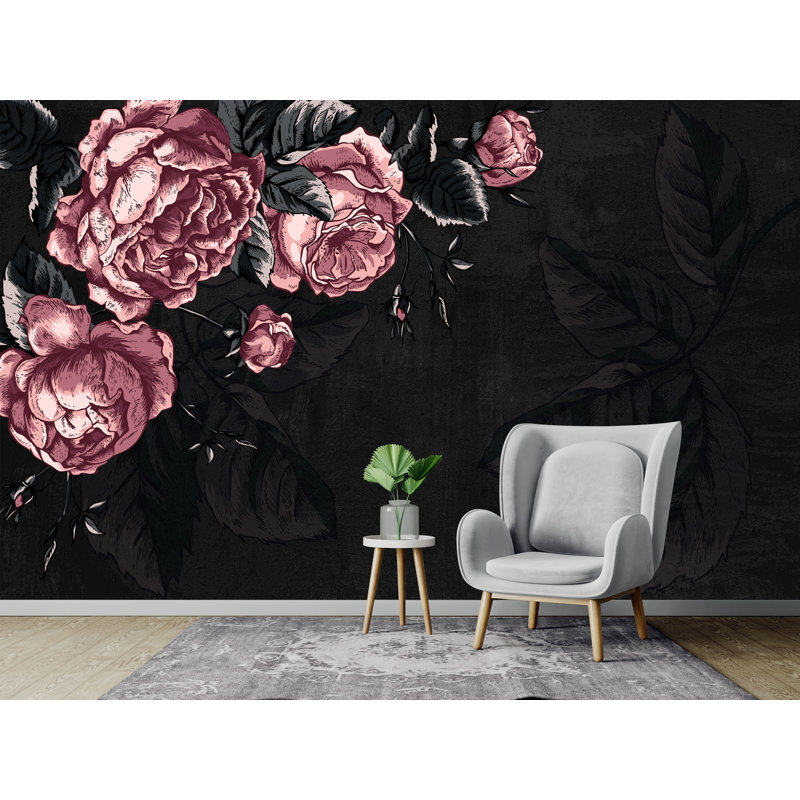 Dark Flower Pink Peony Drawing Leaves Removable Wallpaper, 9" L x 15" W