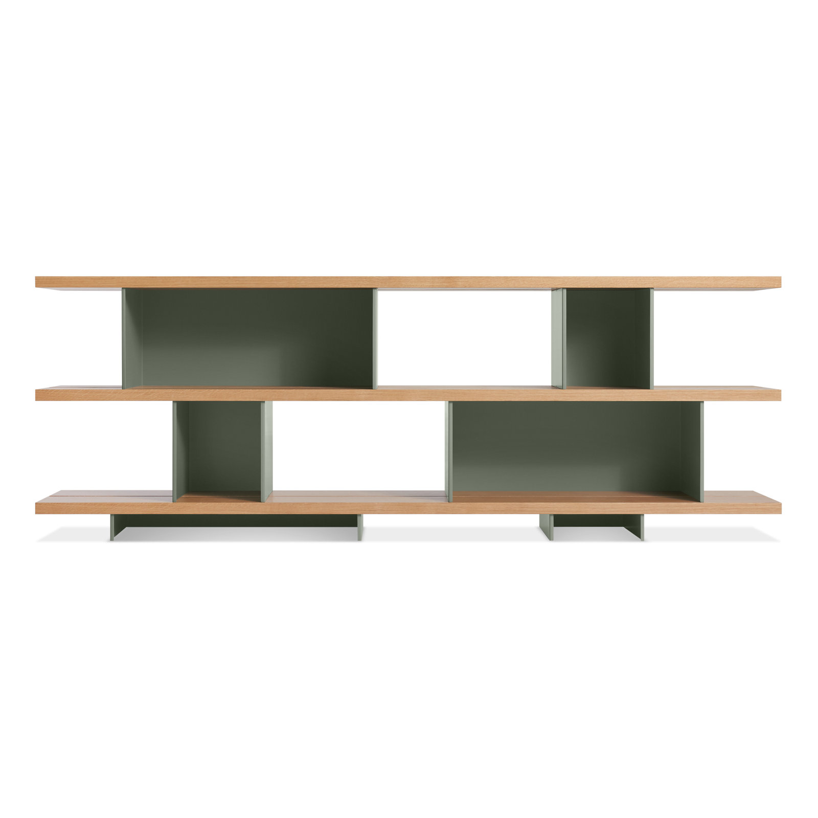 Happy Day Wide Bookcase, (3 Shelves) 29" H x 81" W x 14" D, White Oak/Gray Green