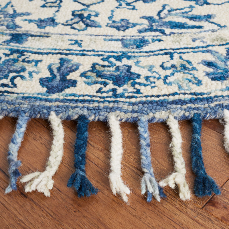 Tapis ivoire / bleu en laine / coton touffeté à la main Arkadijus, Rond 7 pi