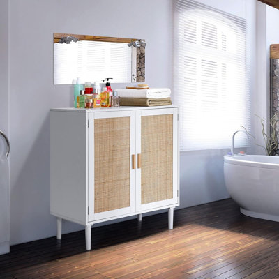 Buffet, console de rangement de cuisine avec portes en rotin, buffet à boissons alcoolisées, salle à manger, couloir, console, armoire décorative, 31,5 x 15,8 x 34,6 pouces, blanc