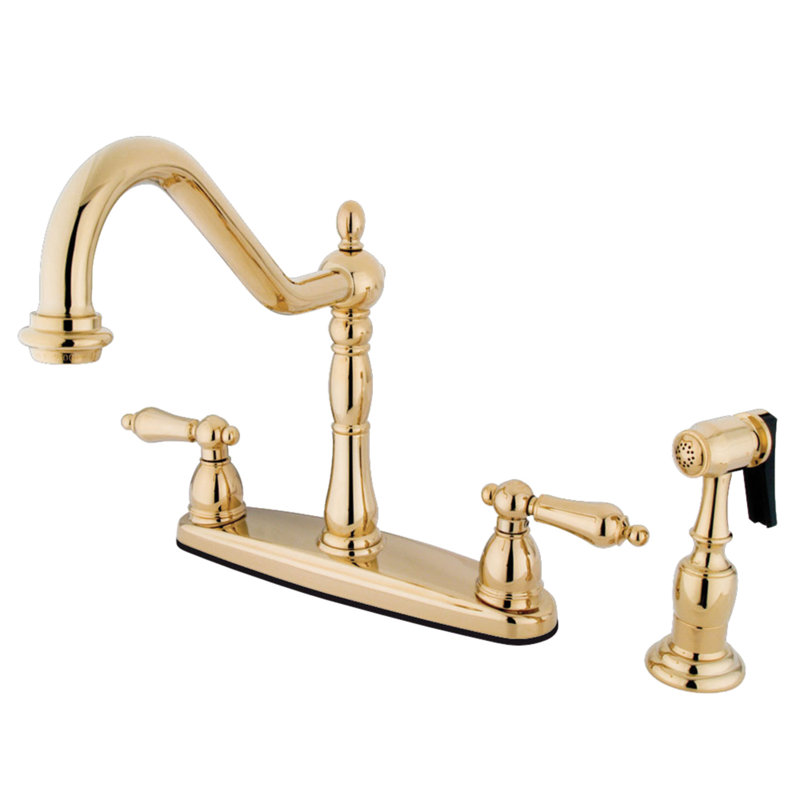 Kingston Brass Heritage Two-Handle 4-Hole 8" Centerset Kitchen Faucet with Side Sprayer, Polished Brass