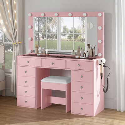 Dressing Table with Power Outlet and LED Mirror, 11 Drawers, 3 Lighting Modes, Glass Top, Stool