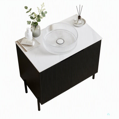 Meuble-lavabo de 76 cm avec lavabo, armoire de rangement autoportante à 2 portes, lavabo rond en verre et comptoir en pierre frittée, robinet non inclus