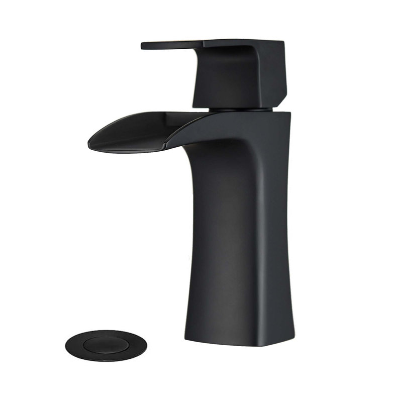 ADA Waterfall Single Hole Handle Brass Bathroom Faucet with Drain, Matte Black