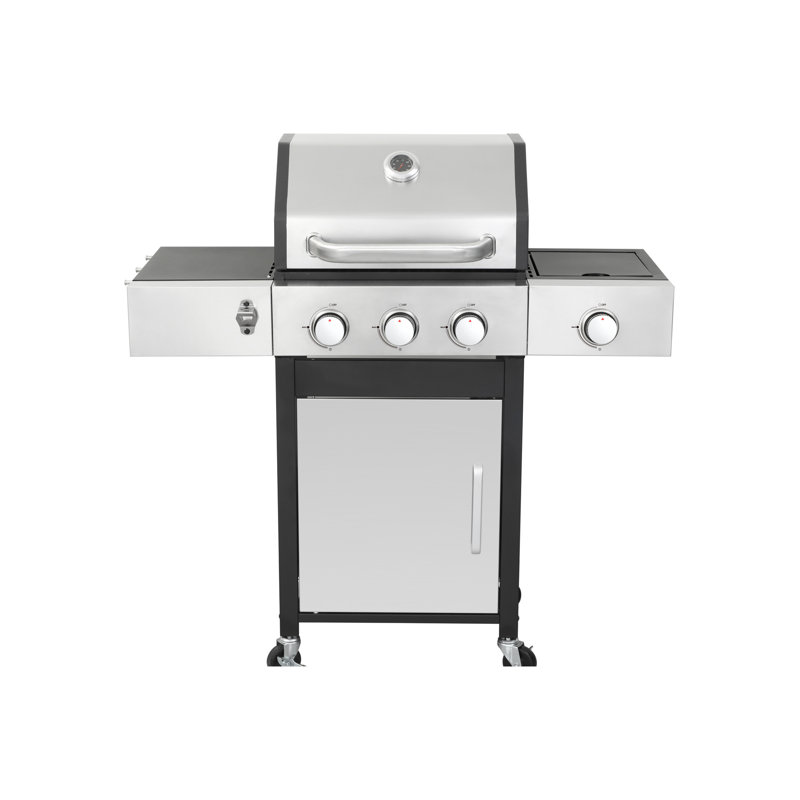Barbecue au propane avec 3 brûleurs, brûleur latéral et roulettes en fonte émaillée