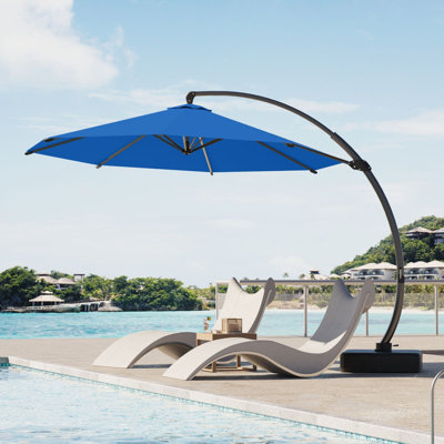  Parasol de patio de 11 pi avec manivelle et inclinaison, cadre en aluminium, comprend un support gratuit - Parasol de marché extérieur toutes saisons pour terrasse, piscine et jardin - Bleu royal