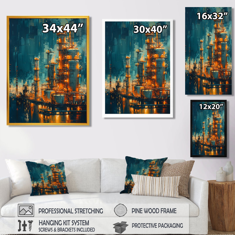 Reproduction d'art mural «Crude Oil Refinery At Night I - Factories», Toile avec cadre flottant or