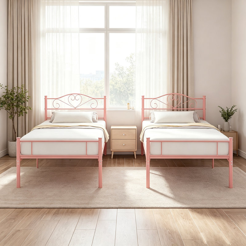 Single Size Metal Bed Frame with Heart Headboard, Modern Platform Bed with Footboard, Steel Slat Support, No Box Spring Needed, Easy Assembly (Set of 2)