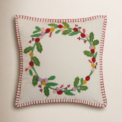 Boho Holiday Wreath Embroidered Pillow