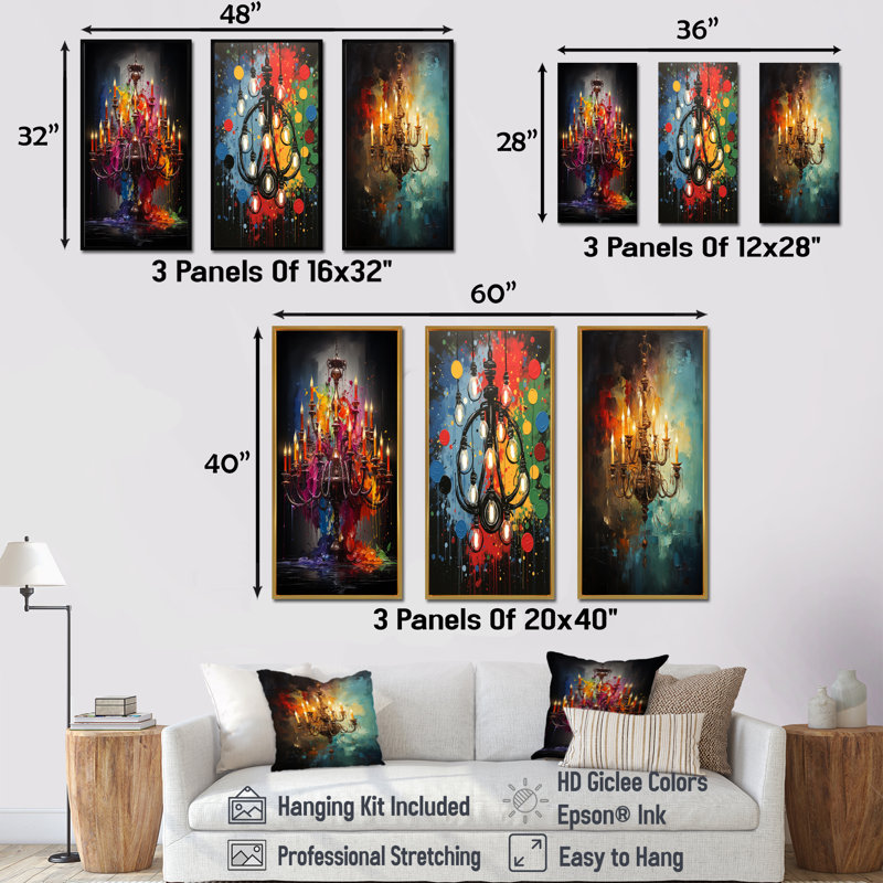 Lustre coloré Pop Art Glamour I - ensemble de 3 décorations murales lustre, Cadre flottant doré, H 28 po x l 36 po