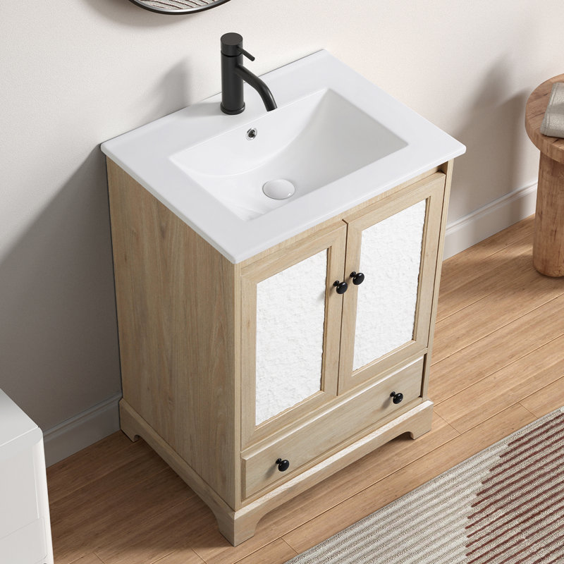 Modern Bathroom Vanity with Integrated Porcelain Sink and Soft-Close Adjustable Hinges for Customized, Durable Functionality.