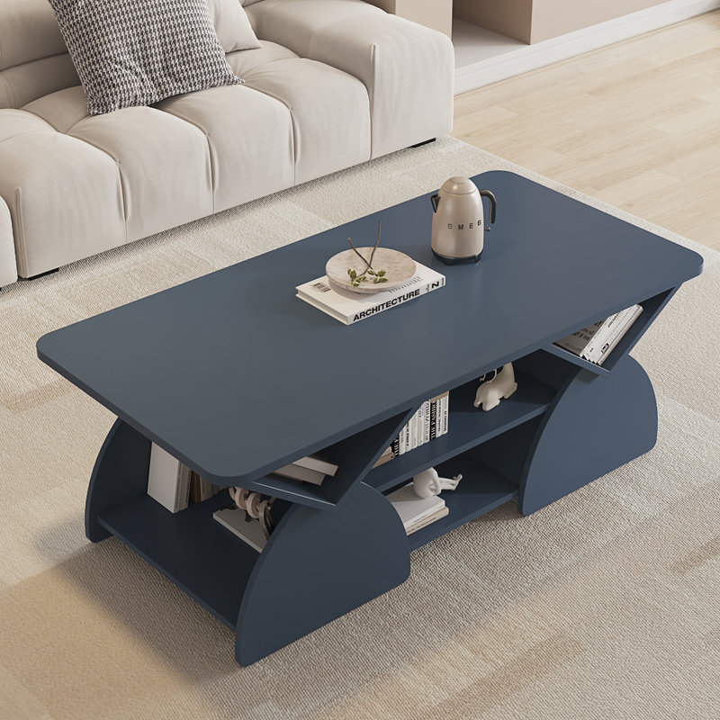 Modern Blue Rectangular Coffee Table With Rounded Corners, Open Storage Shelves & Sturdy Frame – Easy Assembly Geometric Design Table For Living Or Reception Room 