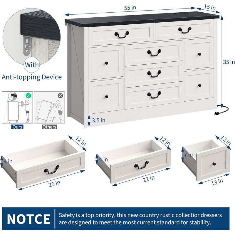 Commode 9 tiroirs, commode cannelée avec rangement en métal et rangement en bois massif pour la chambre à coucher et le salon