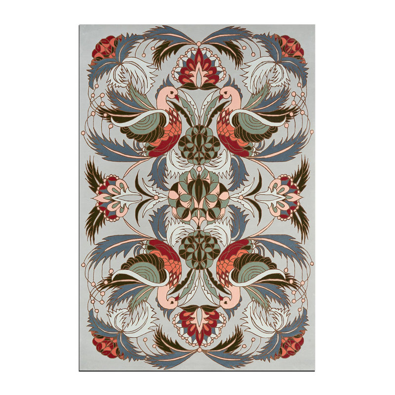 Tapis tissé à motif botanique vert menthe et oiseaux, Rectangle 3 pi 9 po x 4 pi 11 po