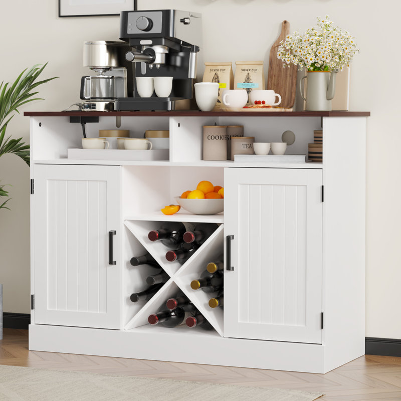 Farmhouse Coffee Bar Cabinet With Power Outlets, Rustic Sideboard Buffet Cabinet With Wine Rack, Wooden Wine Cabinet For Dining Room & Living Room