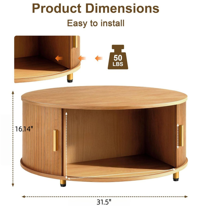 31.5'' Wooden Coffee Table, Round Coffee Table With Ample Storage For Living Room(Yellow Walnut), Yellow Walnut
