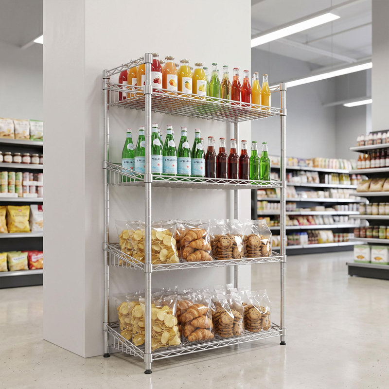 4-Tier Chrome Wire Basket Shelving Unit, Adjustable Steel Storage Rack