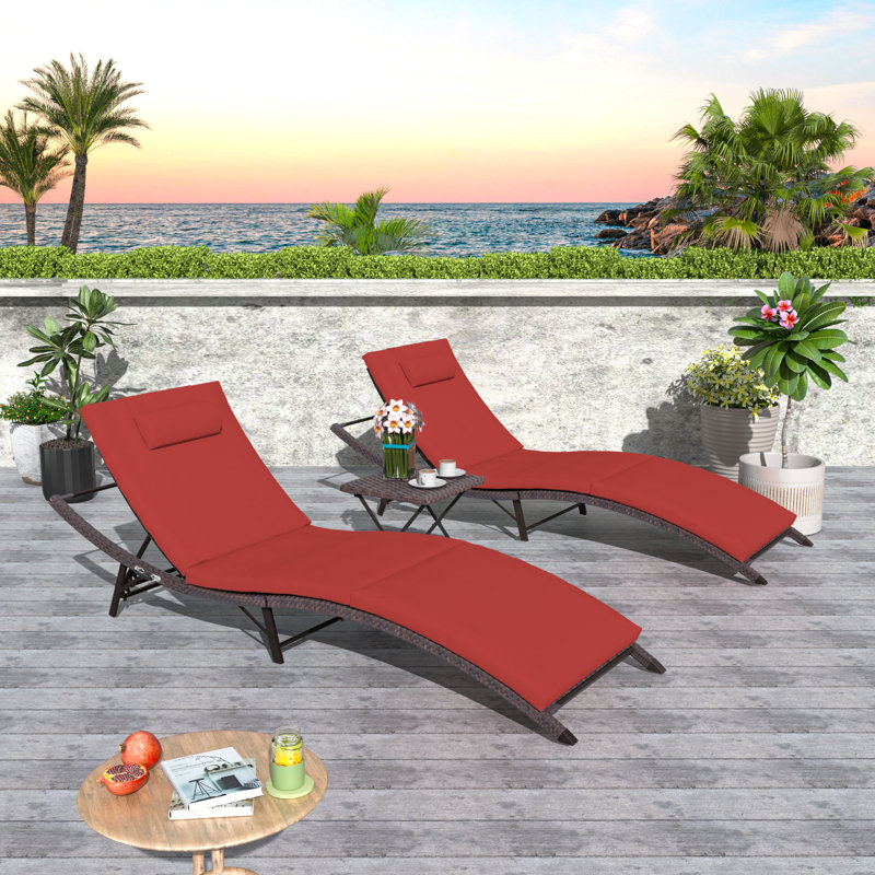 2-Piece Foldable "S"-Shaped Reclining Chaise Lounge Set With Adjustable Backrest And Foldable Rattan Coffee Table, Red