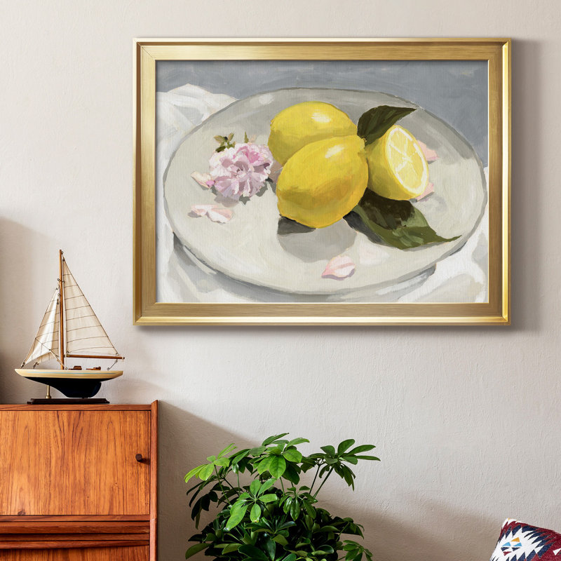 Citrons sur une plaque II - peinture sur toile encadrée, Cadre doré, H 18,5 po x l 24,5 po x P 1 po
