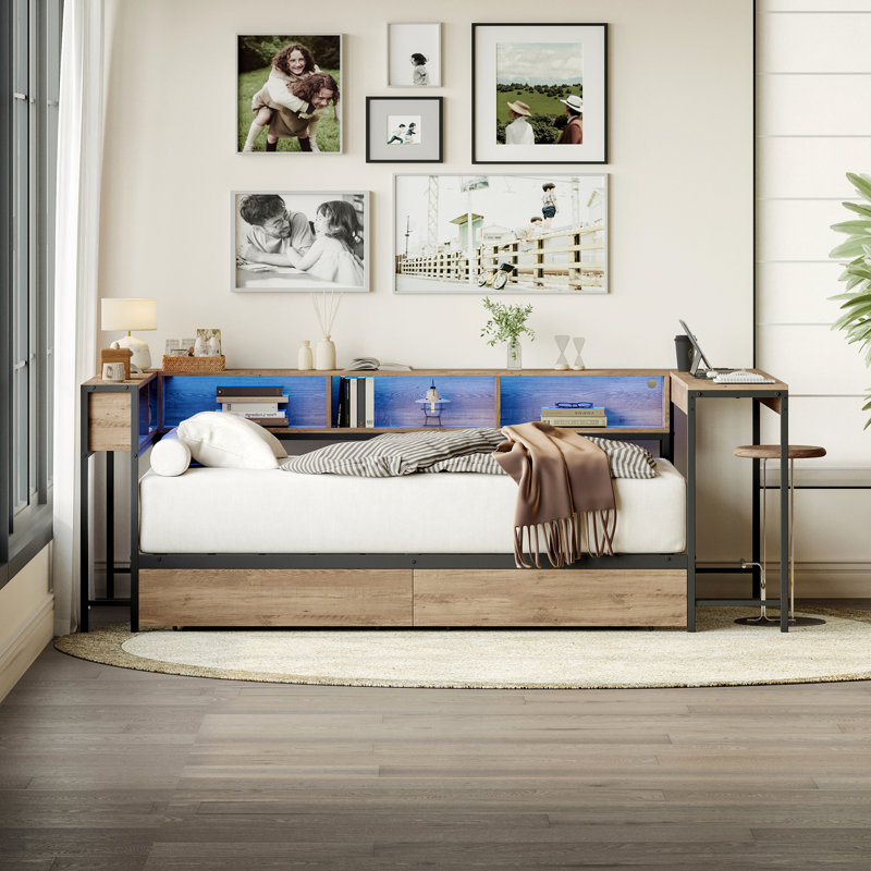 Corner Bed Frame Twin Size With Bookcase And 2 Underbed Storage Drawers, Modern Twin Bed With Led Light And Charging Station, Modern Daybed Reversible Left Or Right, Grey