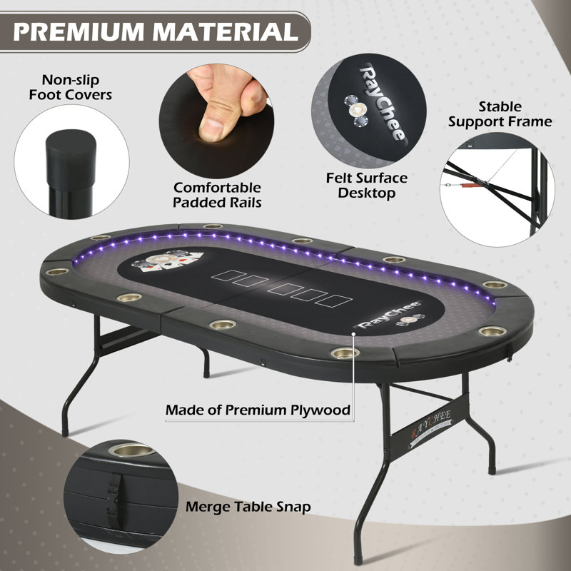 Kulamoon 84'' 10 - Player Foldable Poker Table, Black