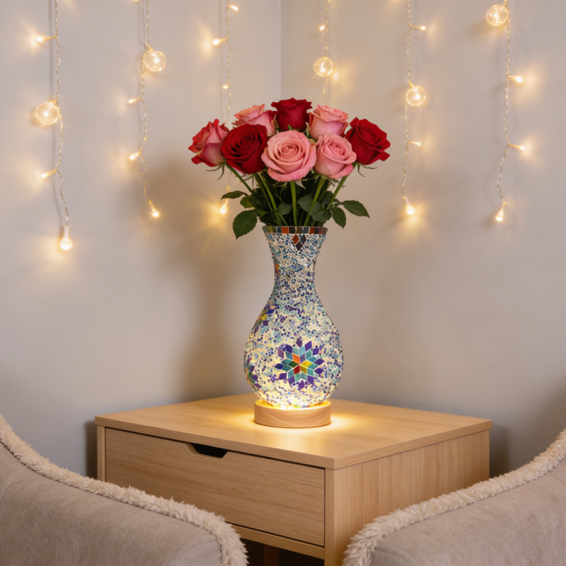 Lampe de table en forme de vase en verre coloré 10 "avec mosaïque tricolore à 3 lumières H