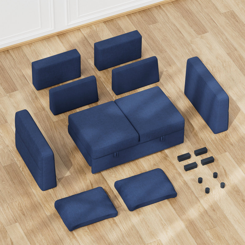 60.2" Linen Upholstered Convertible Sofa Bed with USB Charging Port, Blue