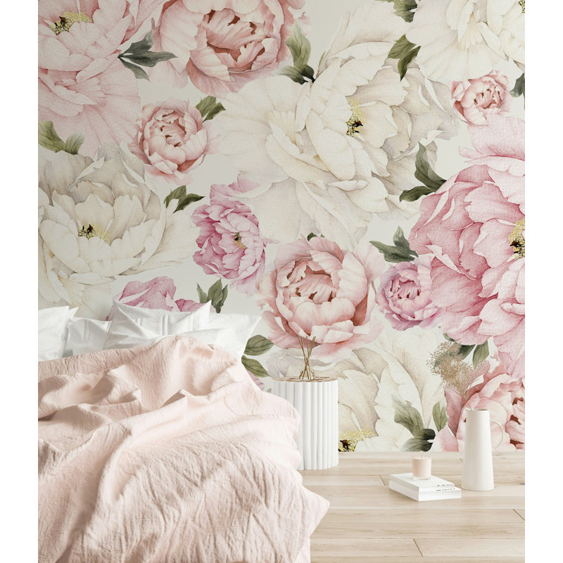 Papier peint floral rose doux et pivoine blanche, L 115 po x l 225 po